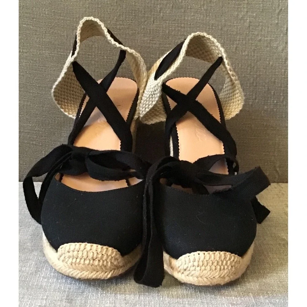 J Crew Black Canvas Espadrille Wedge Chunky‎ Sandals Lace Up Ankle Strap